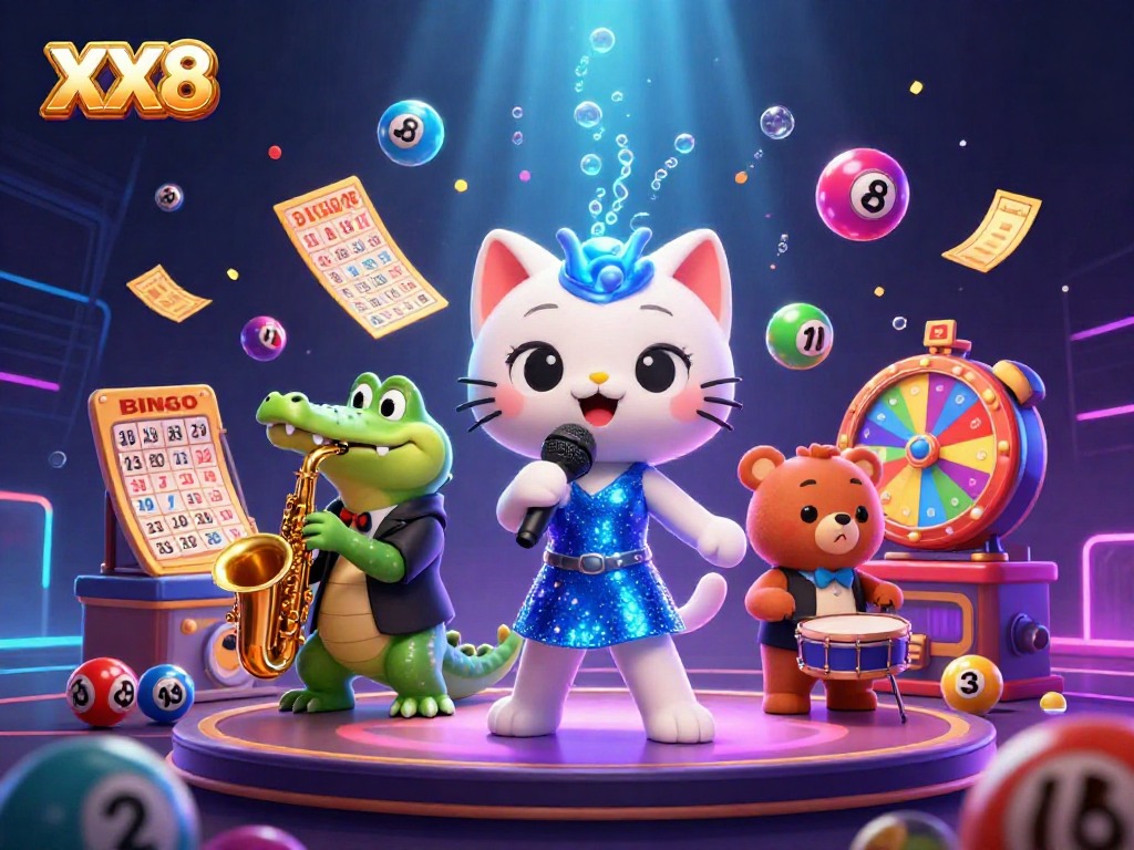 Experience the XX8 casino magic with a lively illustration of a jazzy cat, croc, and bear cub.