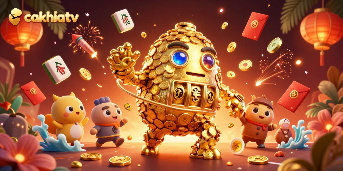 Cakhiatv showcases an animated golden golem symbolizing online casino excitement with festive elements.