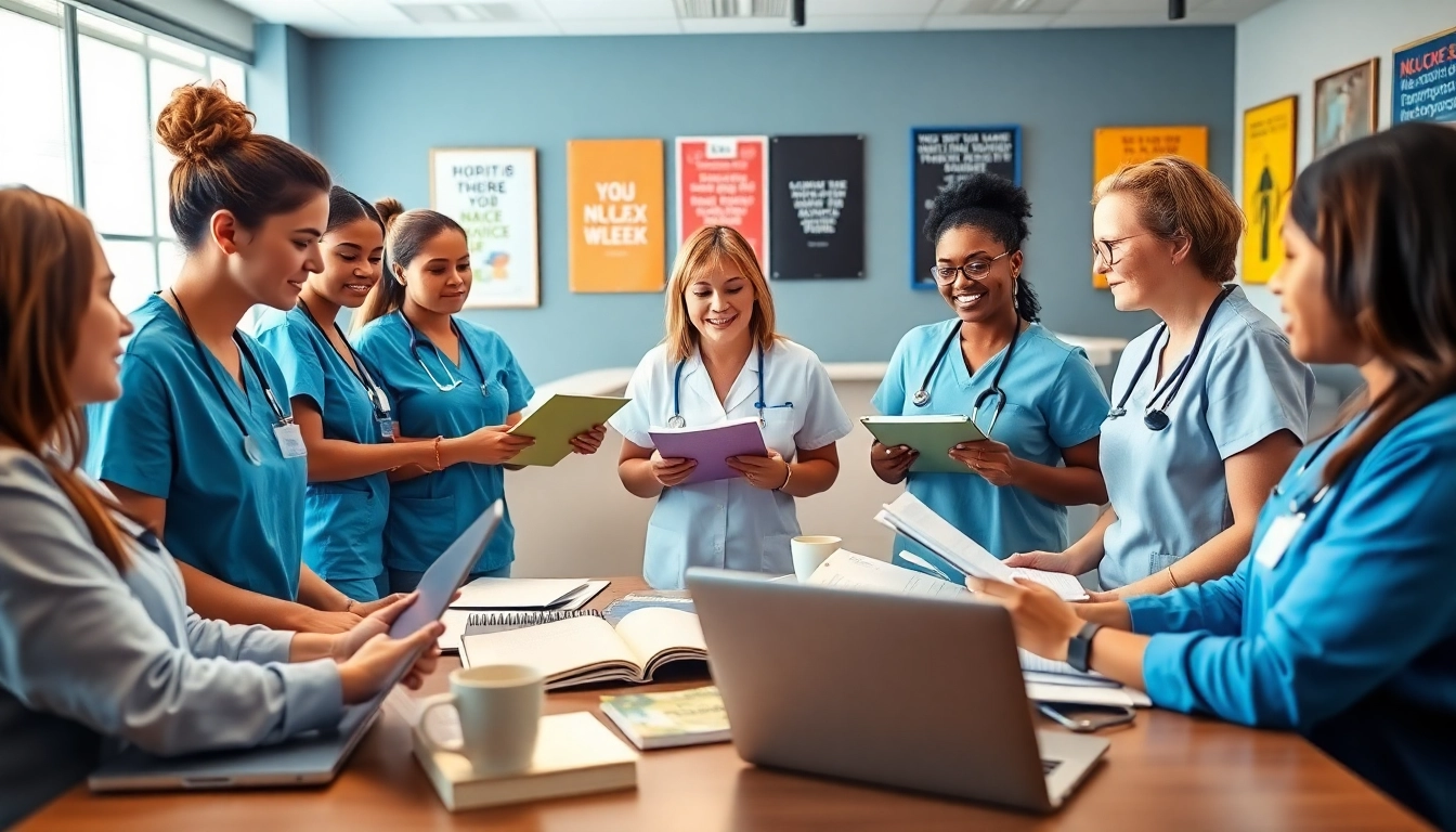 Group of nursing students collaborating at an NCLEX review center Houston TX, showcasing energy and teamwork.