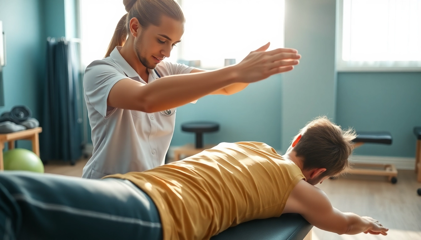 Griesbach physiotherapy session with a therapist helping a patient stretch in a bright clinic.