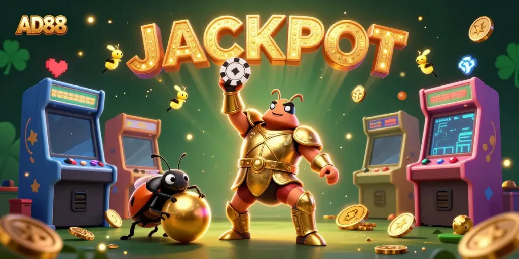 Engage with AD88's vibrant online casino scene showing a victorious beetle lifting a poker chip amidst colorful gaming charm.