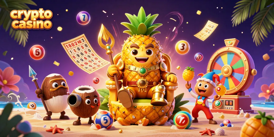Découvrez les aventures d'un crypto casino avec un roi ananas et des gardes sur une plage animée.