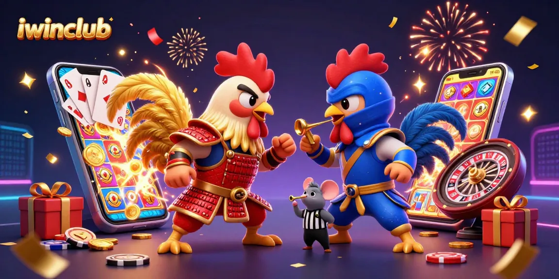 iwinclub showcases a dynamic standoff between roosters with thrilling casino elements.