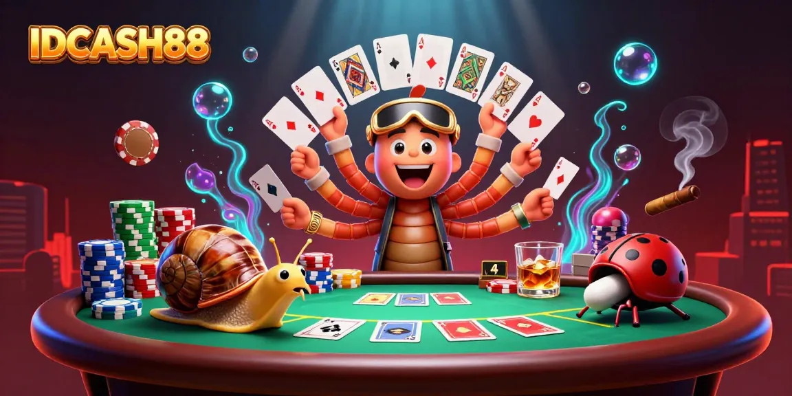 Join the excitement at IDCASH88 with a vibrant 3D casino scene featuring animated characters and poker elements.
