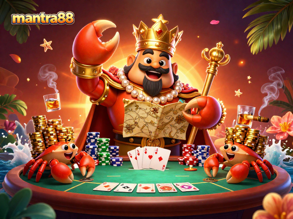 Play exciting games at mantra88 with our vibrant 3D illustration of a golden crab emperor at the poker table.