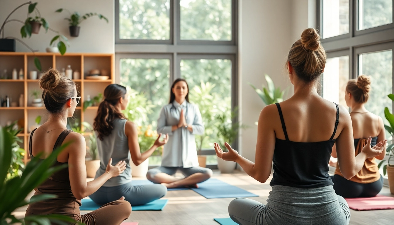 Menggambarkan praktik Holistik dengan peserta yoga di lingkungan yang tenang dan alami.