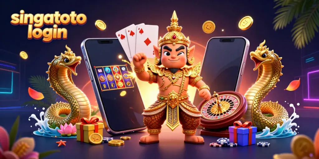 Engage with singatoto login through vibrant casino-themed illustration featuring guardian characters and gaming elements.