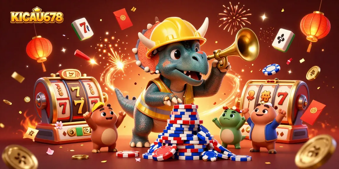 KICAU678 celebrates casino gaming with a cheerful triceratops and vibrant gaming elements.
