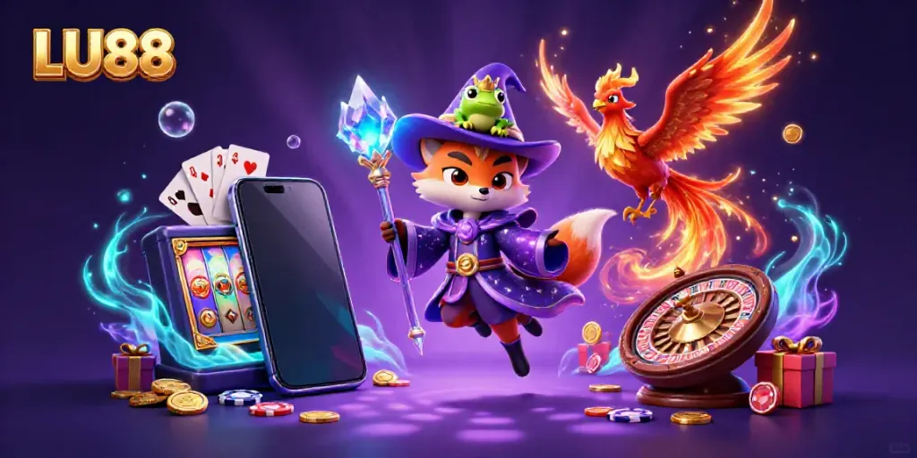 Engage in exhilarating gameplay with LU88, featuring a wizard fox and phoenix in a casino adventure.