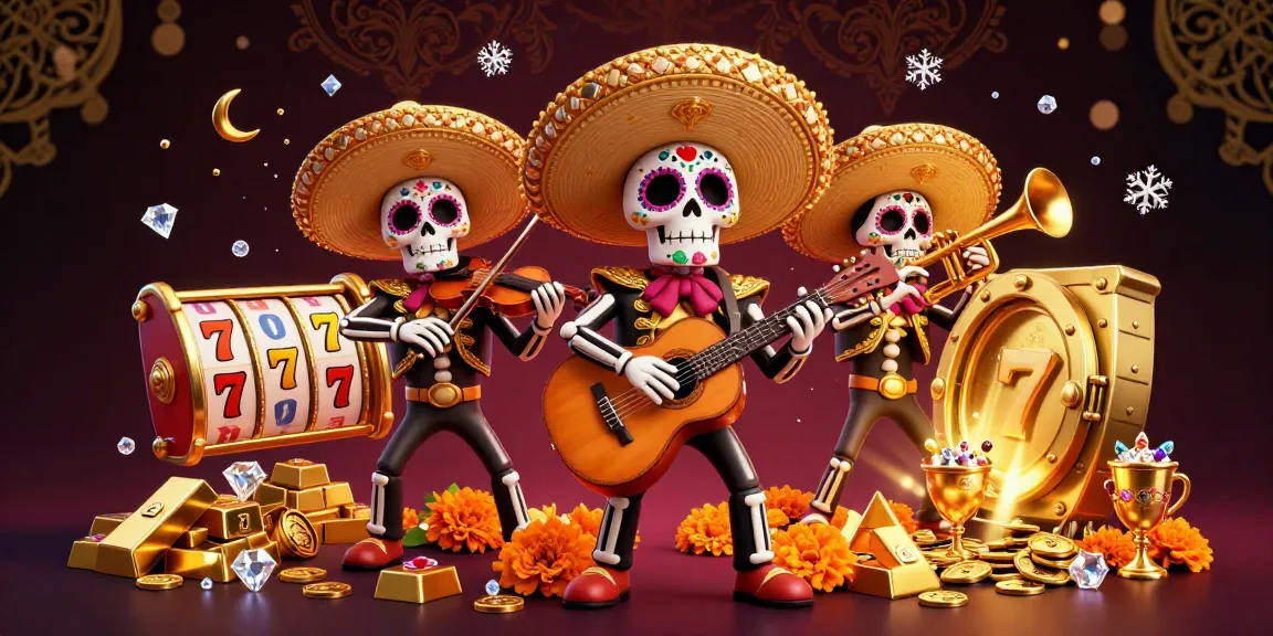 Dhani win promotional illustration featuring vibrant skeleton mariachi band amidst exciting slot machines and treasures.