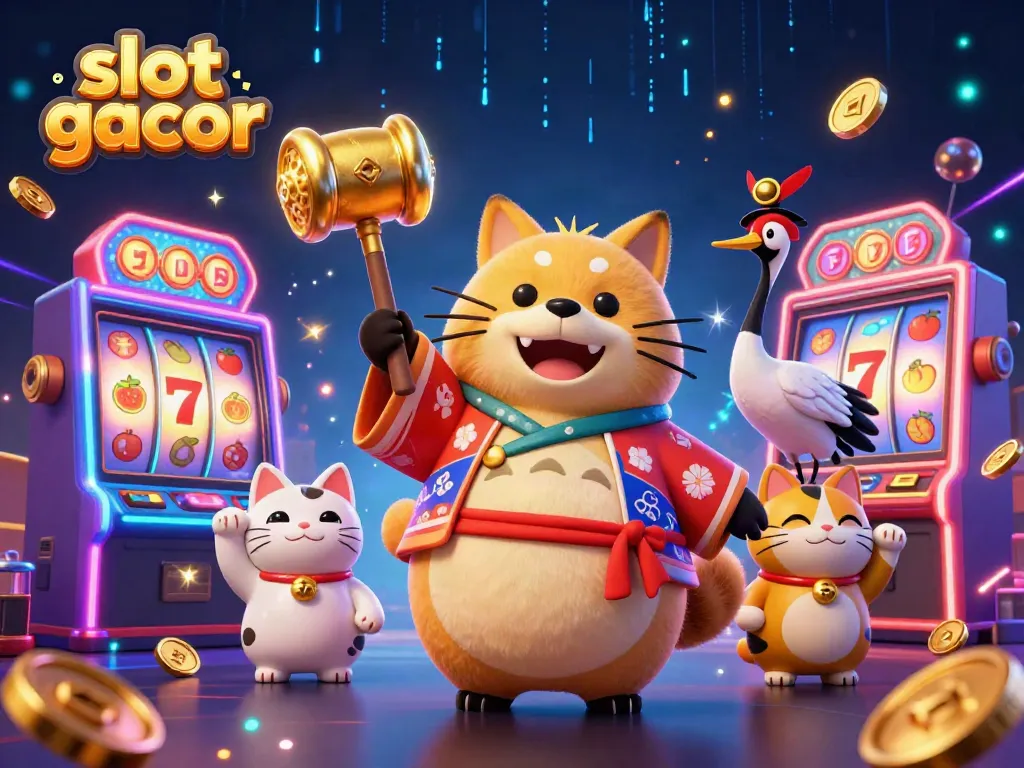 Slot gacor dengan tanuki, crane, dan maneki-neko dalam ilustrasi kasino yang berwarna-warni