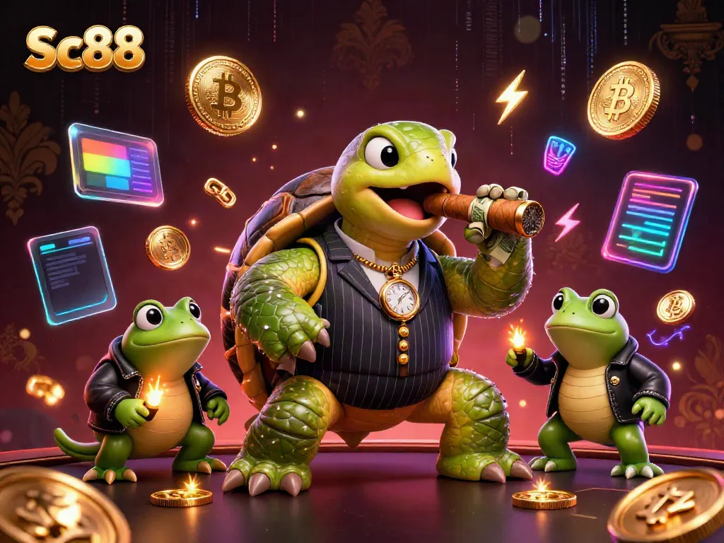 Experience the vibrant world of Sc88, featuring a dynamic casino scene with a snapping turtle and bullfrog enforcers amidst glowing cryptocurrency elements.