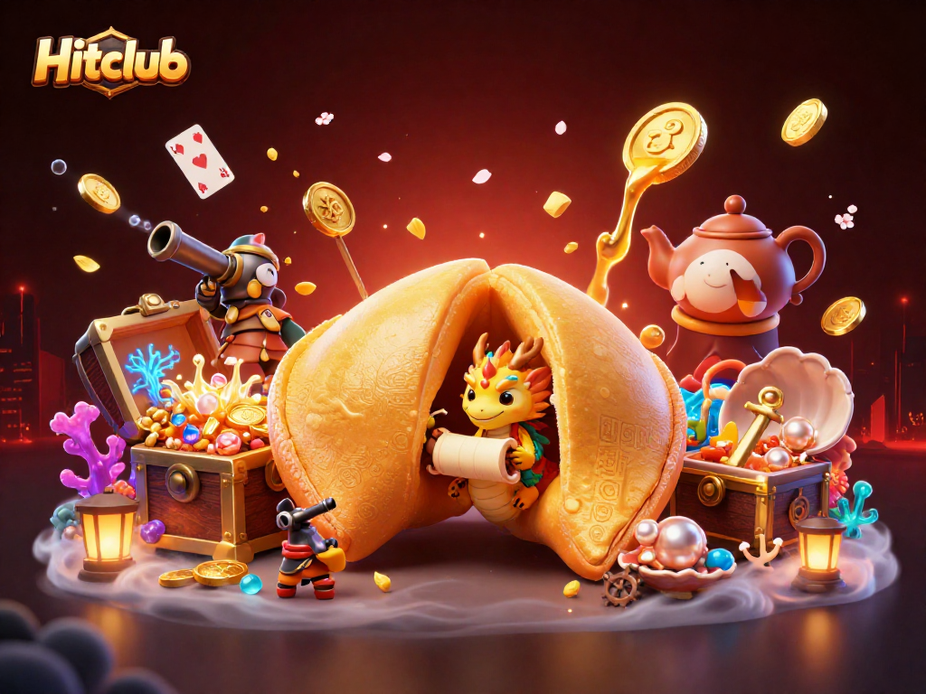 Hitclub showcases a 3D illustration filled with vibrant casino elements and animated characters.