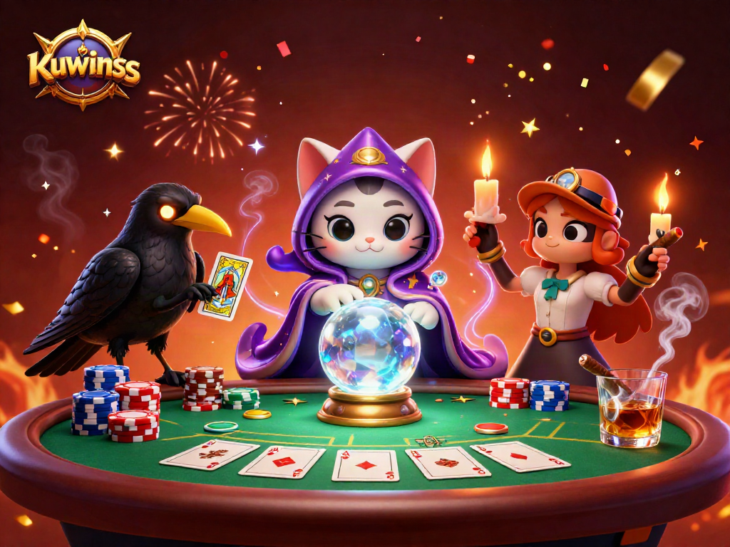 Kuwinss captures players' attention with vibrant 3D casino animation featuring a mystic cat and poker scene.