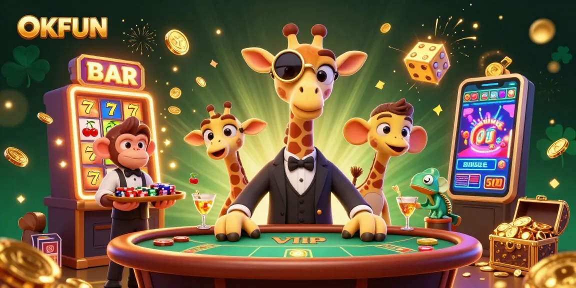 Experience OKFUN's thrilling casino atmosphere with vibrant characters and dynamic gaming action.