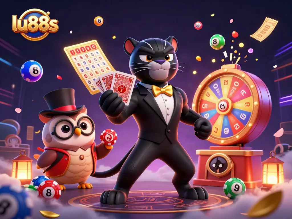 Win big with lu88s: Stylish panther dealing cards amid vibrant casino elements and confetti.