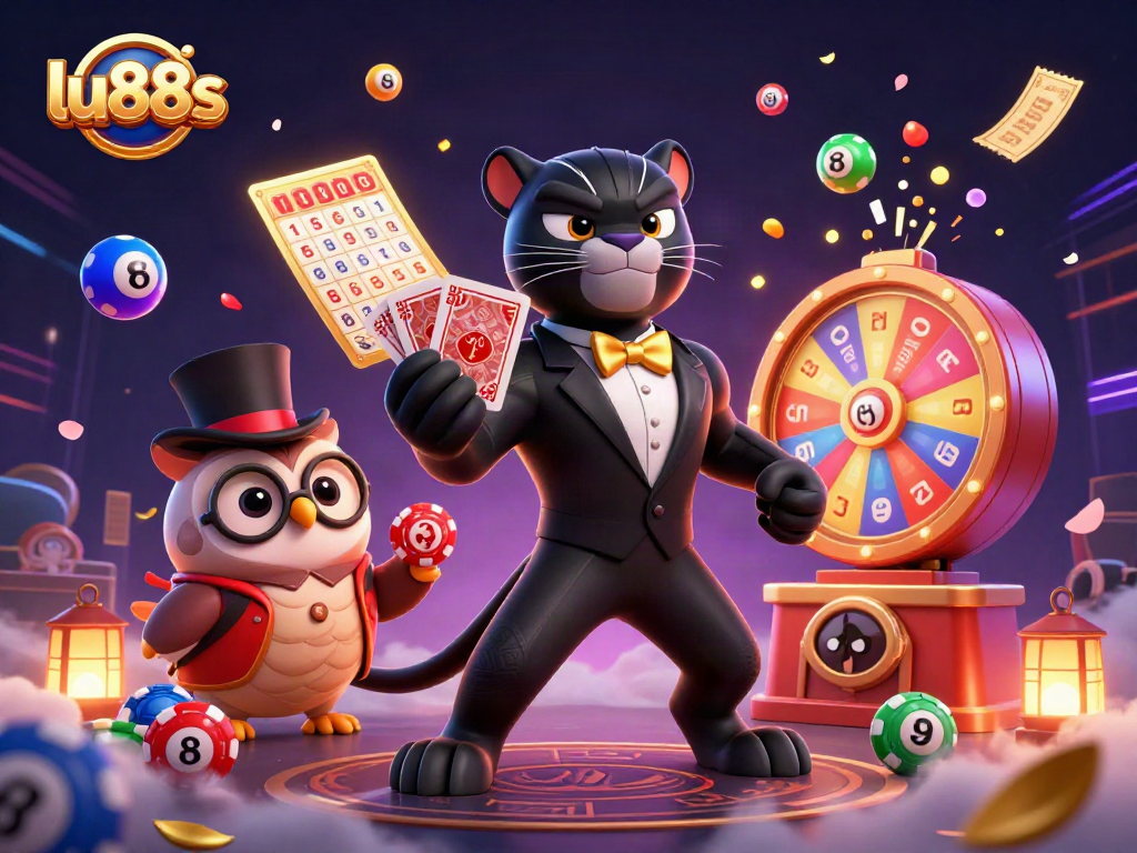Win big with lu88s: Stylish panther dealing cards amid vibrant casino elements and confetti.