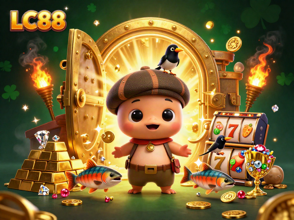 LC88 slots illustration featuring Nessie and treasures, celebrating fun gaming adventures.