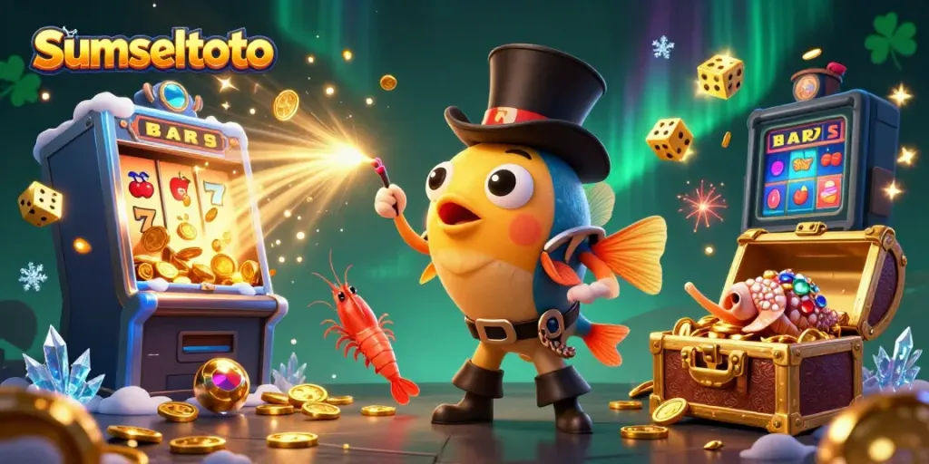 Engage in excitement with sumseltoto as the anglerfish attracts golden coins in a lively underwater casino atmosphere.
