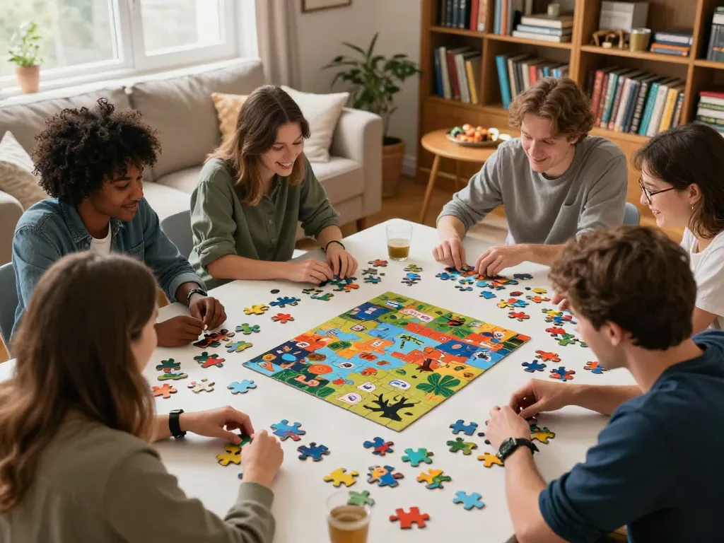 Puzzora.net community gathering for a fun puzzle-solving session in a cozy living room.