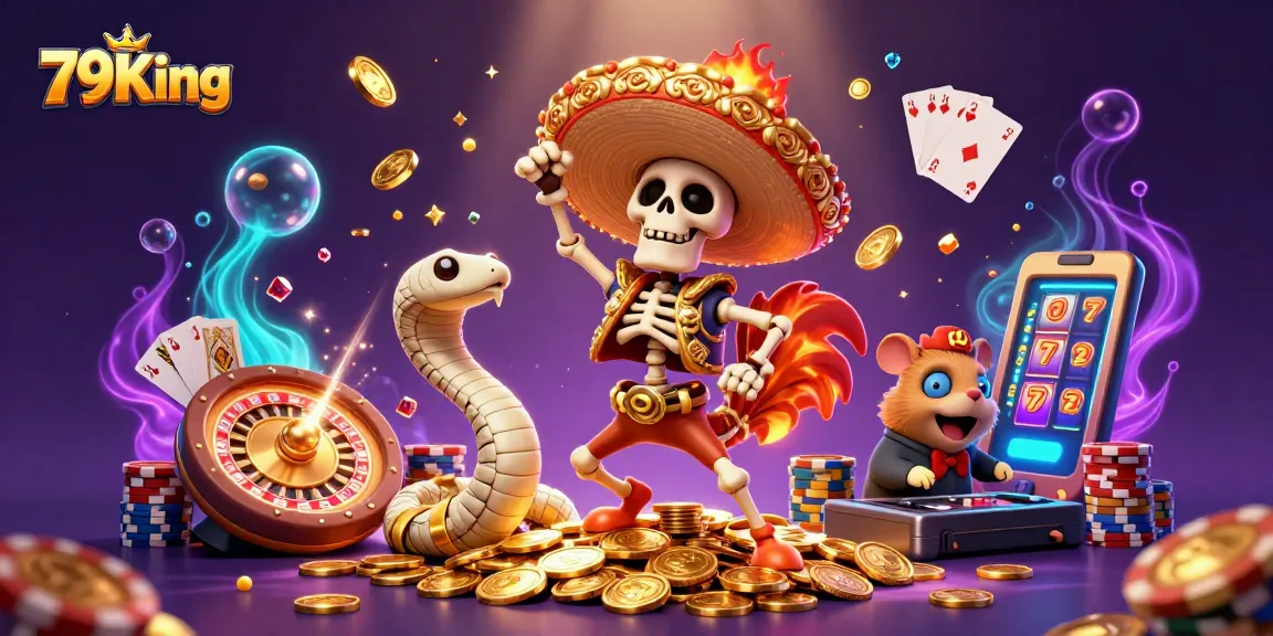 Experience big wins with 79King as the skeleton mariachi celebrates by the roulette wheel and golden coins.