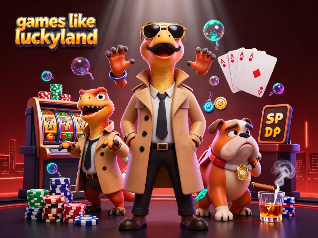 Play captivating games like LuckyLand in a vibrant casino scene with colorful characters.