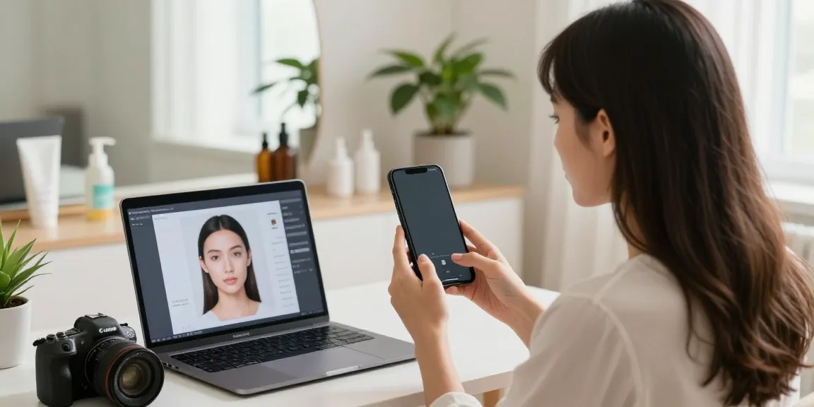 Exploring alternatives to QOVES with a woman analyzing her beauty using an app.