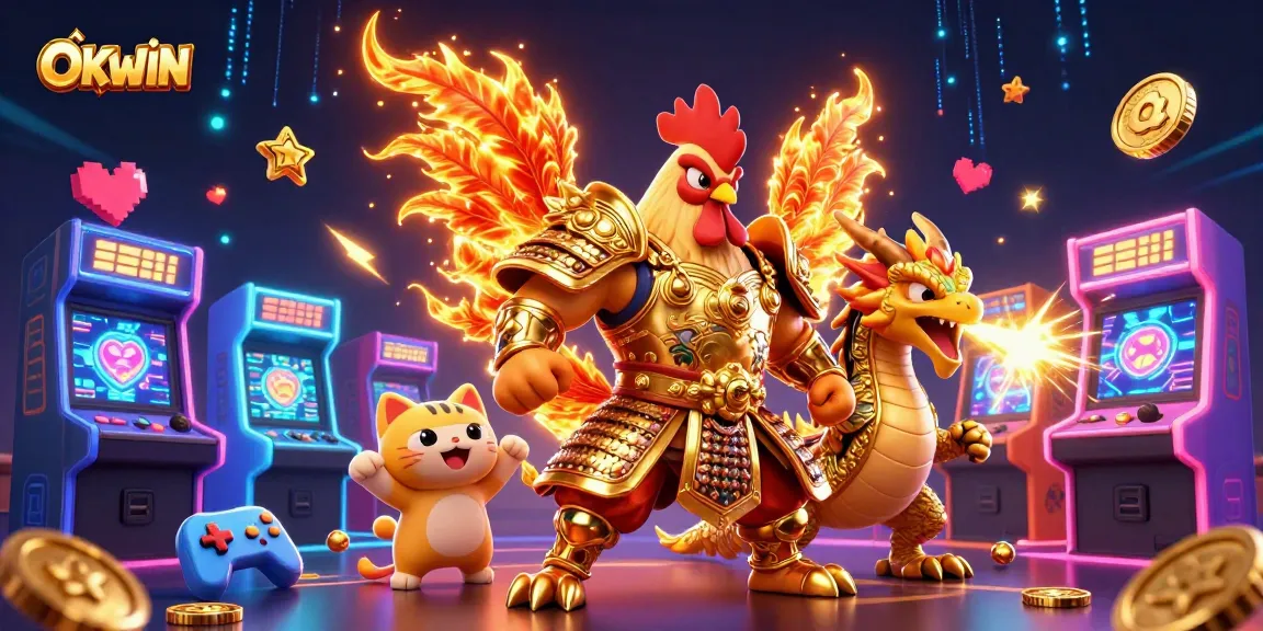 Experience the excitement at OKWIN with a dynamic scene of a courageous rooster warrior and a fierce dragon hatchling.