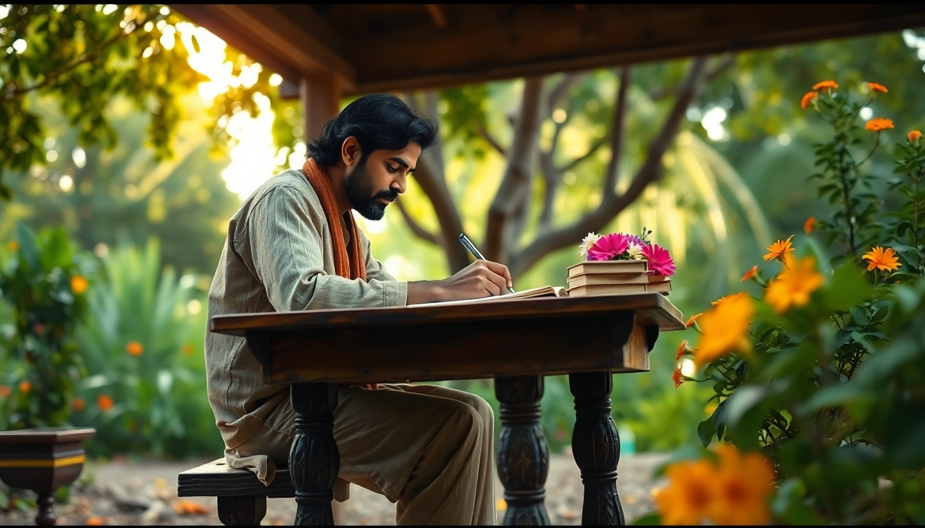 A serene depiction of indian poetry being created in a natural setting, with a poet at a wooden desk amidst lush greenery.