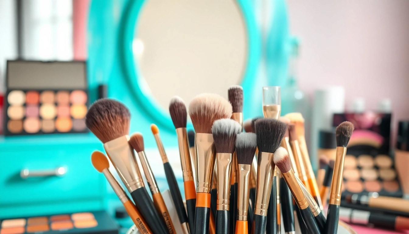 Applying makeup with an angled makeup brush set on a stylish vanity.
