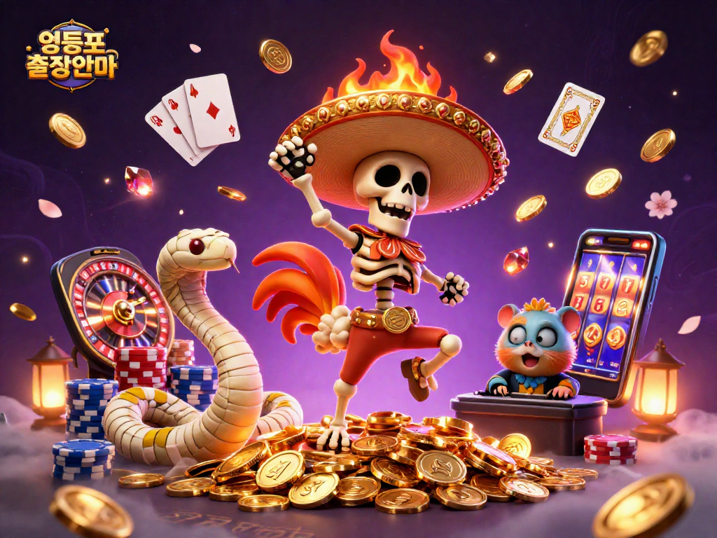 Engage with 영등포출장안마 at a vibrant casino scene filled with golden coins, roulette, and lively characters.
