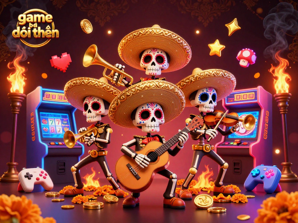 Engage with game bài đổi thưởng through a vibrant 3D scene featuring a mariachi band and gaming elements.