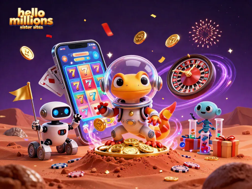 Win big on hello millions sister sites with a vibrant gaming scene featuring Martian gecko and exciting casino elements.