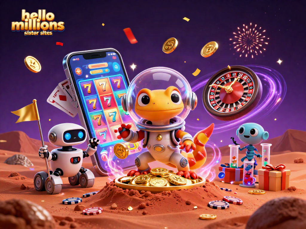 Win big on hello millions sister sites with a vibrant gaming scene featuring Martian gecko and exciting casino elements.