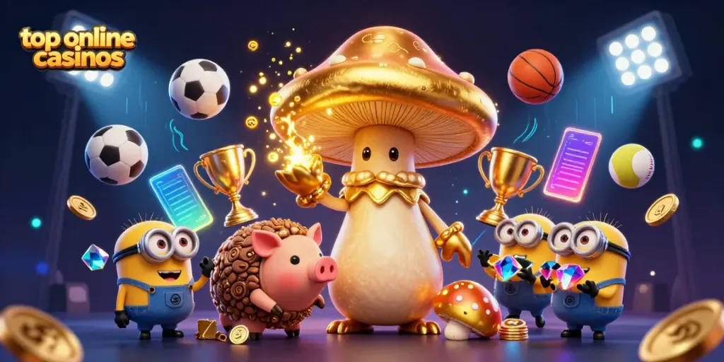 Experience the excitement of top online casinos with a whimsical illustration of a magical golden wizard and treasure-hunting companions.