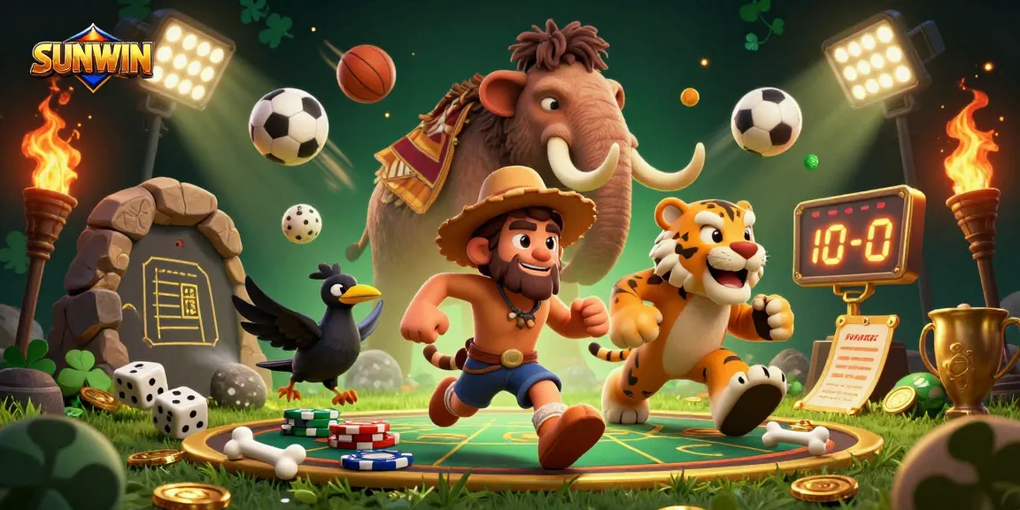 SUNWIN's engaging casino scene featuring a caveman, sabertooth tiger, and clever crow with sports-themed elements