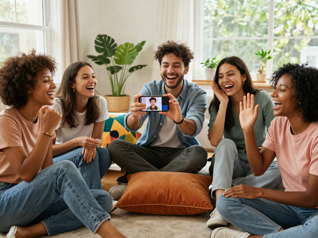 Group of friends laughing while using a facial age detection app to see how old do I look during a fun gathering.