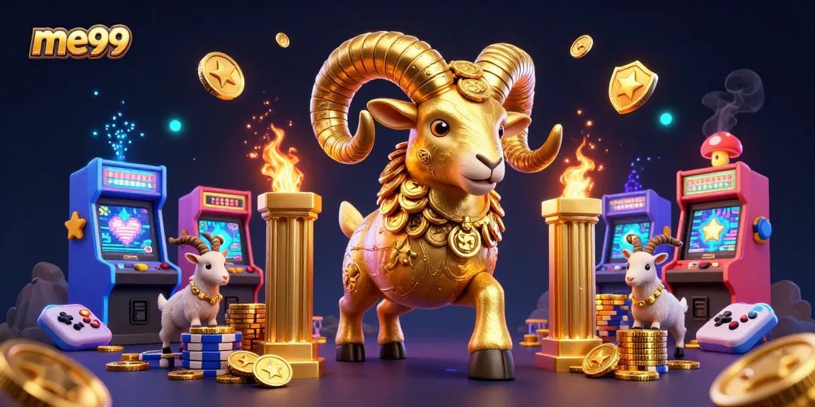 Win big at me99 with an epic golden ram showdown amidst colorful casino games and glowing treasures.