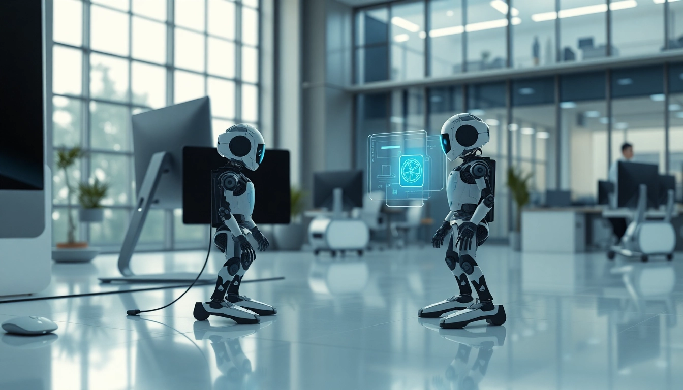 AI Bots collaborating in a modern office, showcasing advanced technology and teamwork.