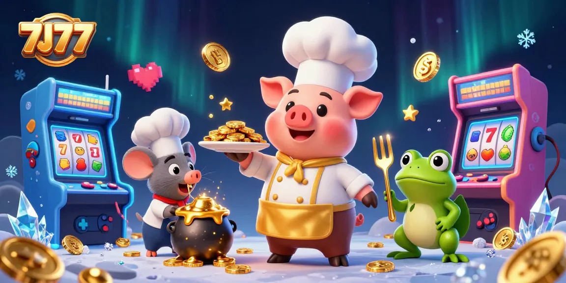 Engage with 7J77 through dynamic casino elements featuring gold coins and gaming characters.