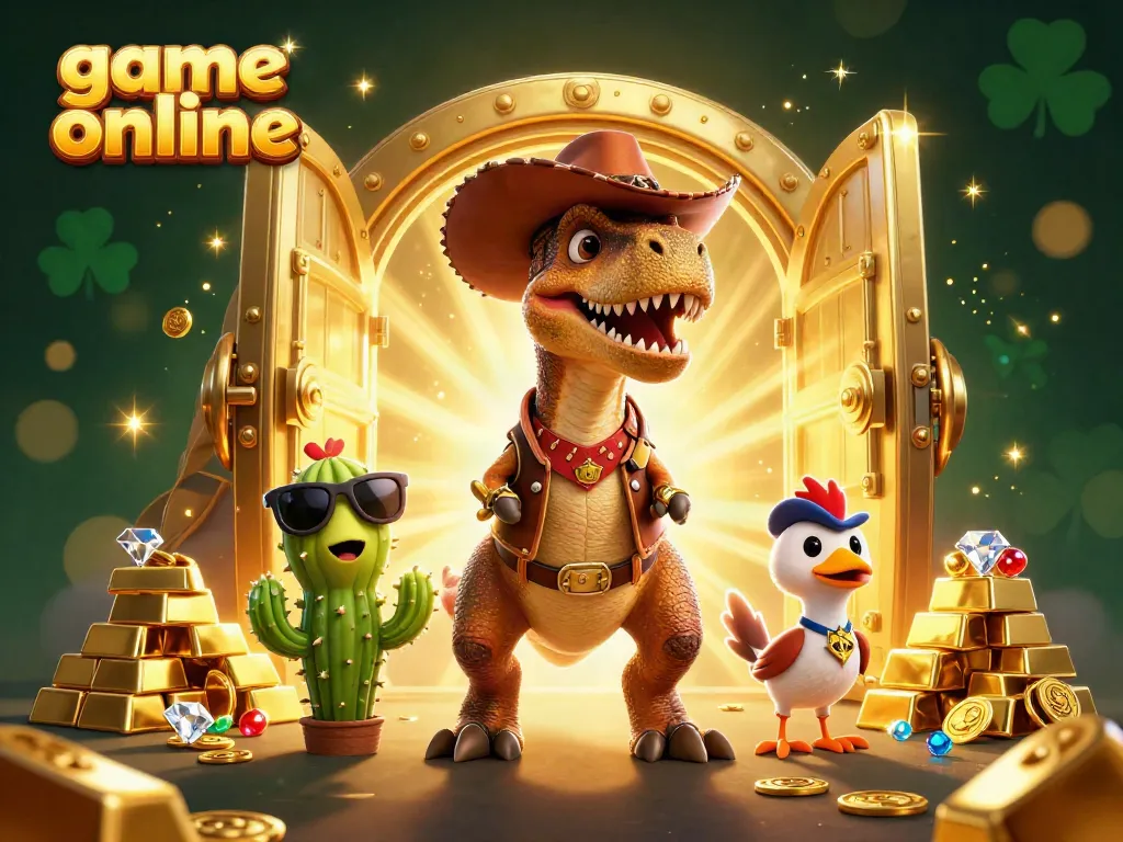 Engage in thrilling game online action with a dinosaur cowboy amid a treasure-filled scene.