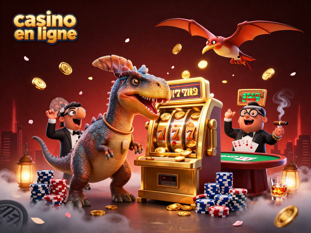 Illustration dynamique avec un pachycéphalosaure frappant une machine à sous dans un casino en ligne.