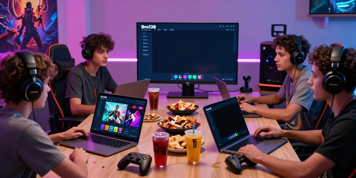Gamers interacting with Bro138's responsive platform across devices in a vibrant gaming room.