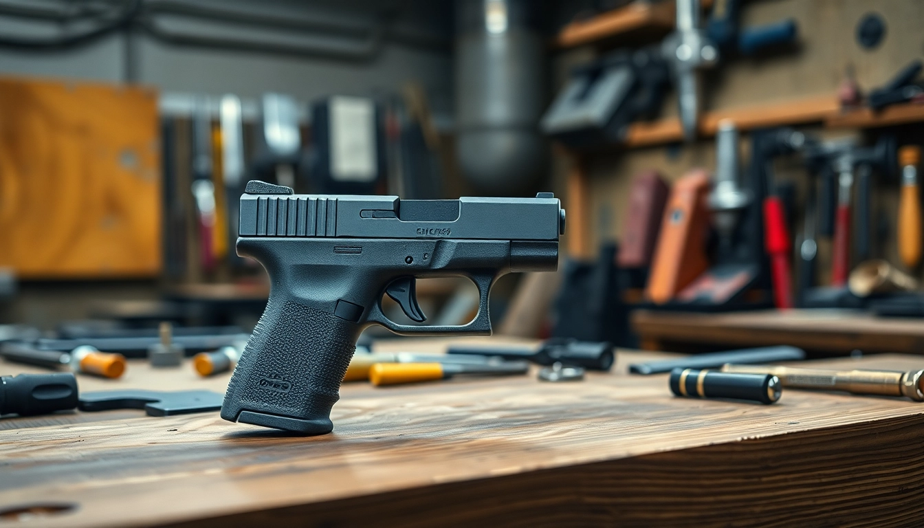 Showcasing an oem glock 43x mos slide (stripped) with detailed craftsmanship and tools in a gunsmithing setting.