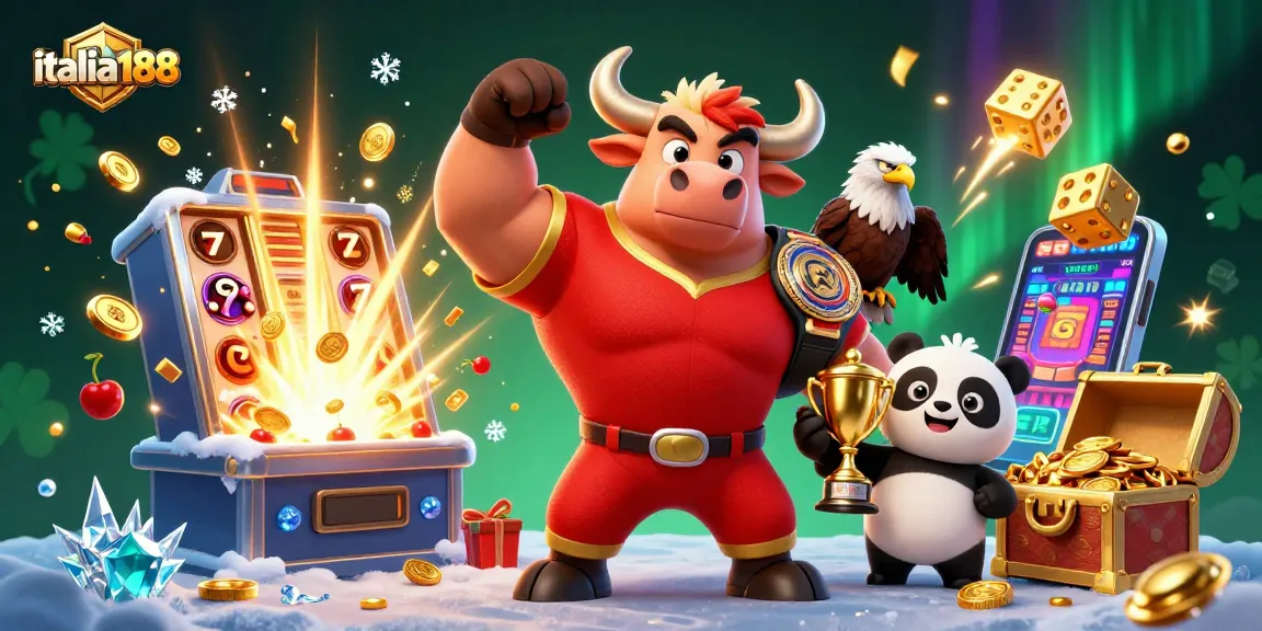 Menangkan jackpot di italia188 dengan karakter kartun 3D menampilkan simbol slot dan trofi emas.