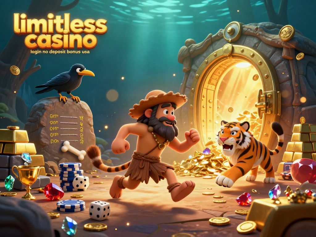 Engage with "limitless casino login no deposit bonus usa" through an exciting prehistoric casino scene filled with treasures.