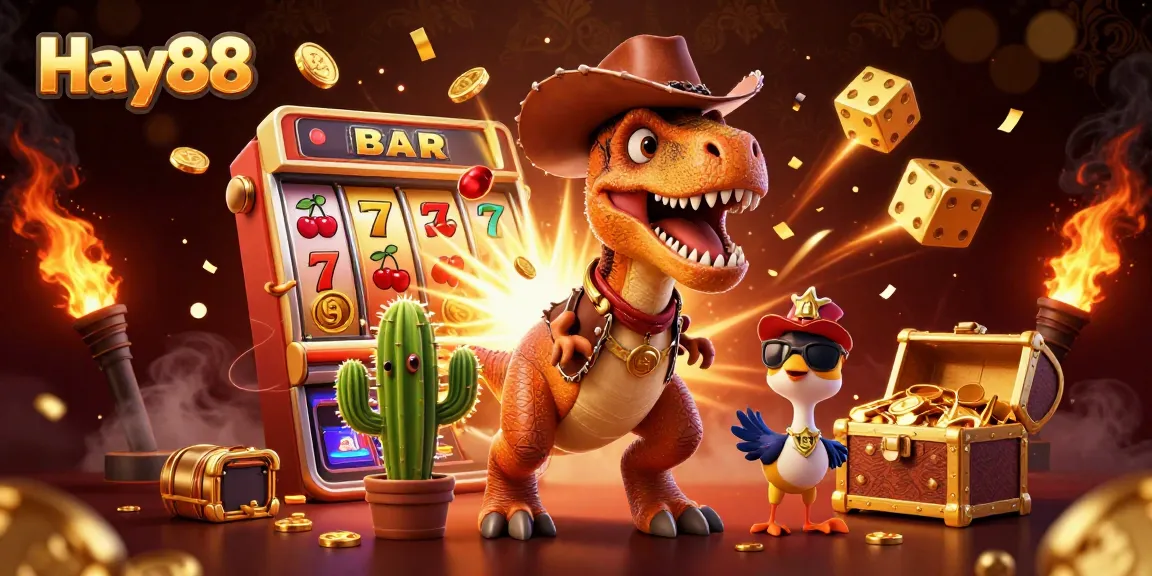 Experience high-stakes fun with Hay88 as a T-Rex, cactus, and roadrunner celebrate a big jackpot!