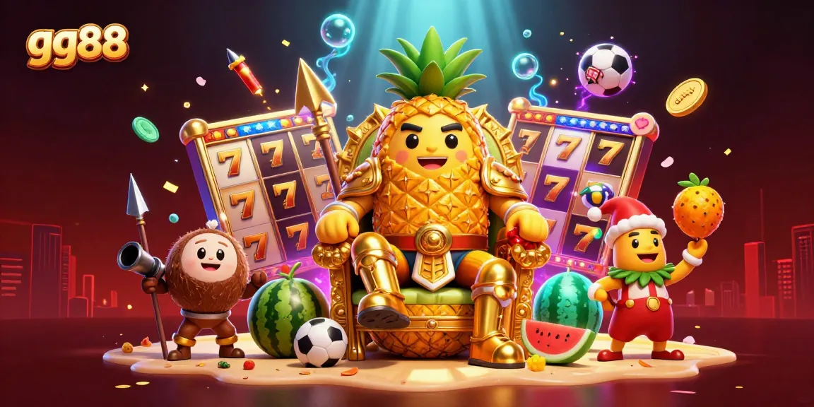 Experience the vibrant gg88 casino scene with the golden pineapple king in action, surrounded by dynamic gaming elements.