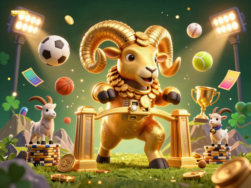 Experience winnings with the dynamic golden ram at ea88bet, surrounded by vibrant sports elements.