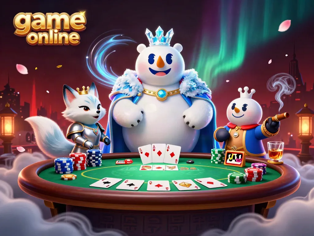Engage in thrilling game online with a whimsical scene featuring a polar bear king and fox at a poker table.